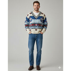Hand Knit Sweater unisex V Neck Aztec Vtg Fisherman western Fair Isle XL fit L